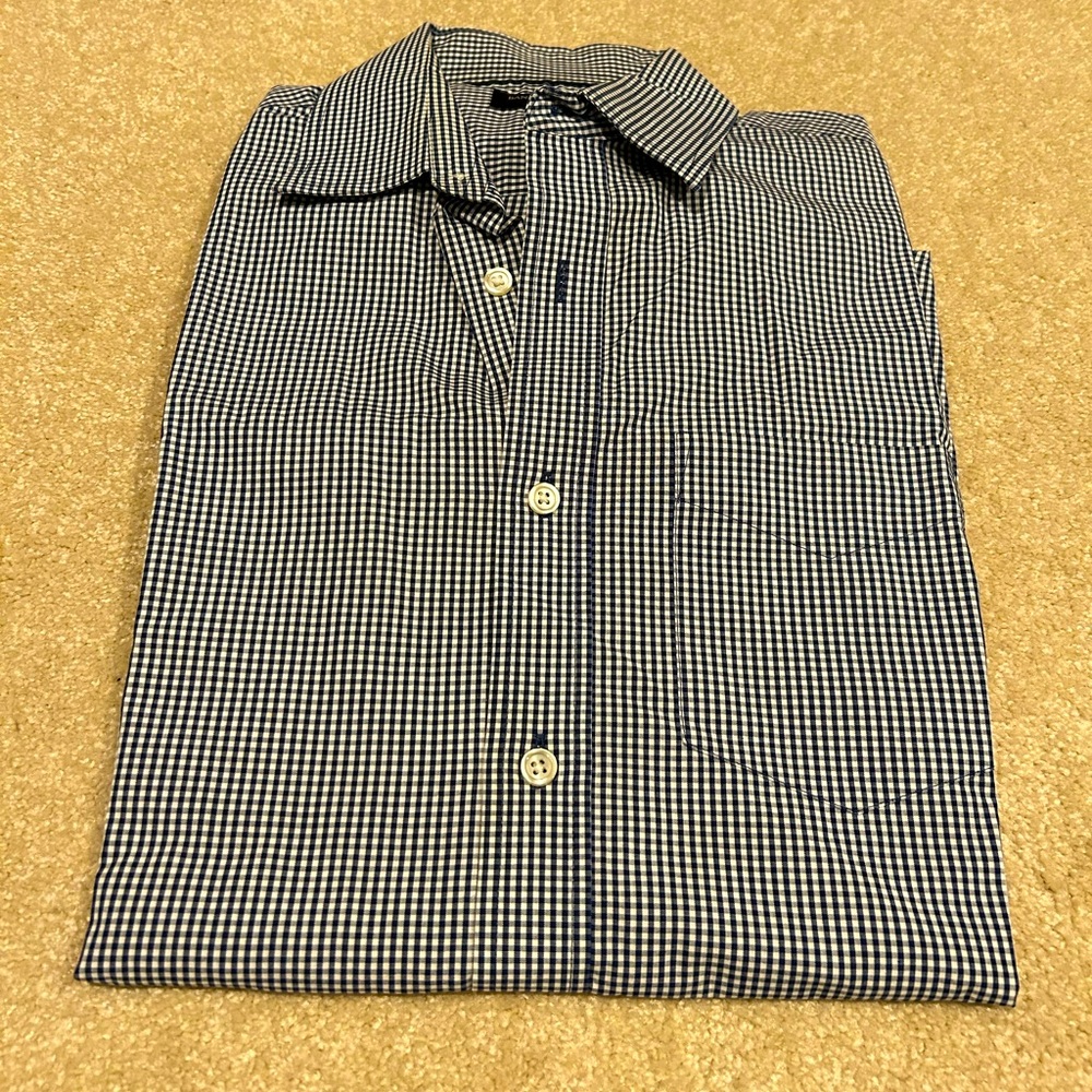 Banana Republic Non Iron Slim Fit Navy Checkered Dress Shirt SMALL
